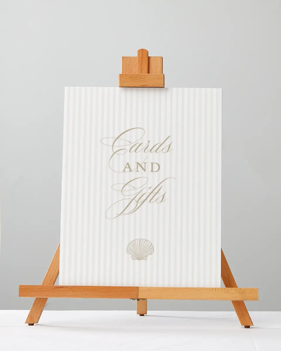 This is a 5" x 7" Cards & Gifts Sign called Elegant Shell printed in full color with Silver foil