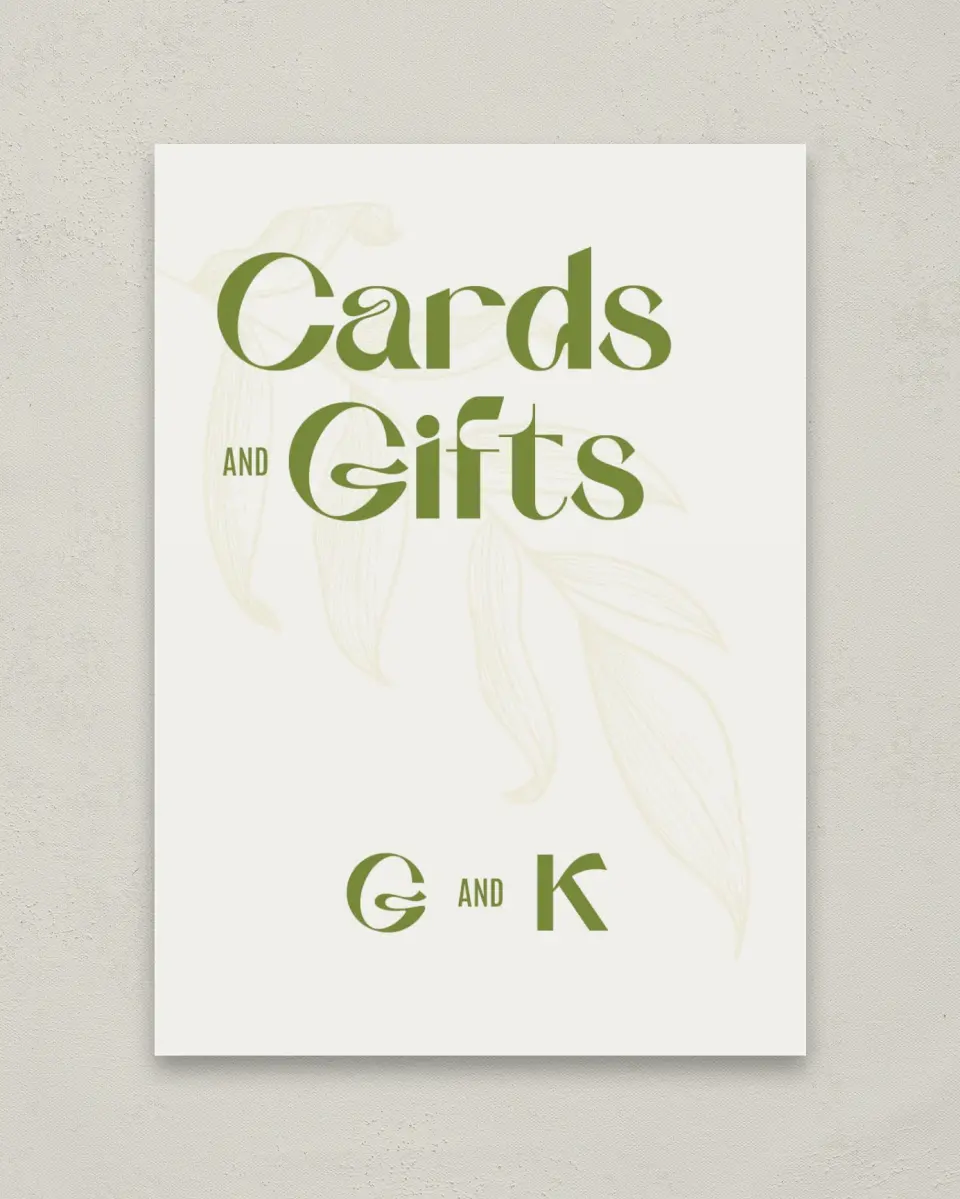 This is a 5" x 7" Cards & Gifts Sign called Zephyr printed in full color