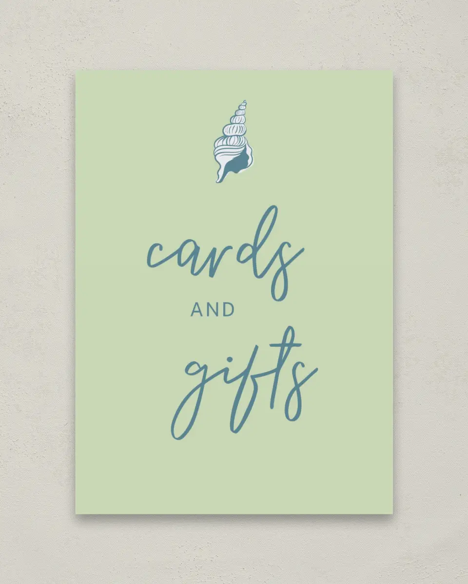 This is a 5" x 7" Cards & Gifts Sign called I Hear Wedding Shells printed in full color with Rose Gold foil