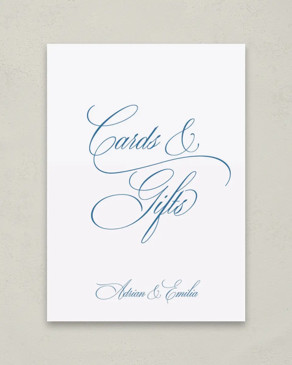 This is a 5" x 7" Cards & Gifts Sign called Blue Toile Romance printed in full color