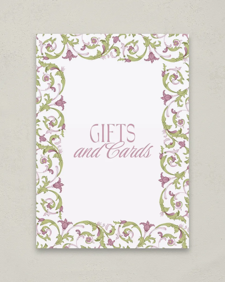 This is a 5" x 7" Cards & Gifts Sign called Ornate Garden printed in full color with Rose Gold foil