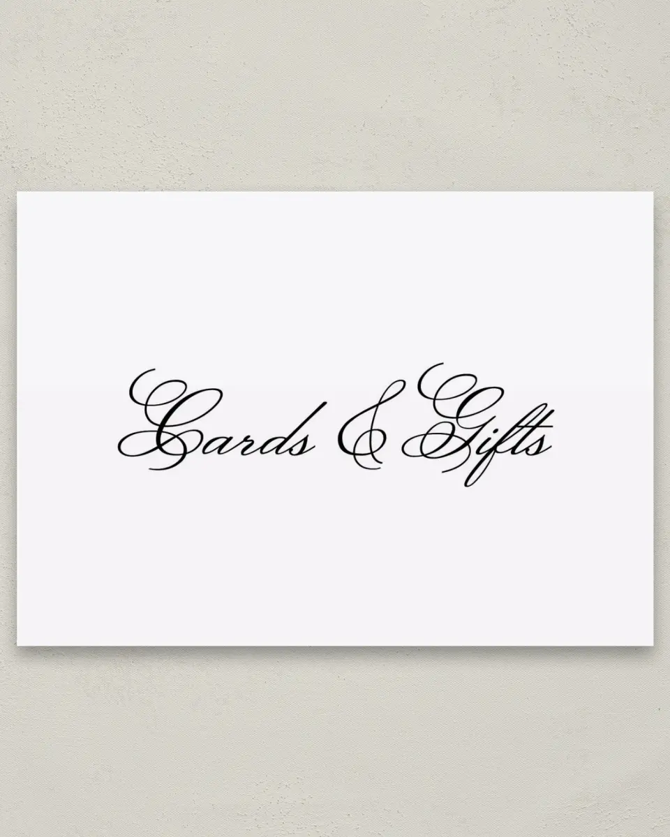This is a 5" x 7" Cards & Gifts Sign called Formal Script printed in full color