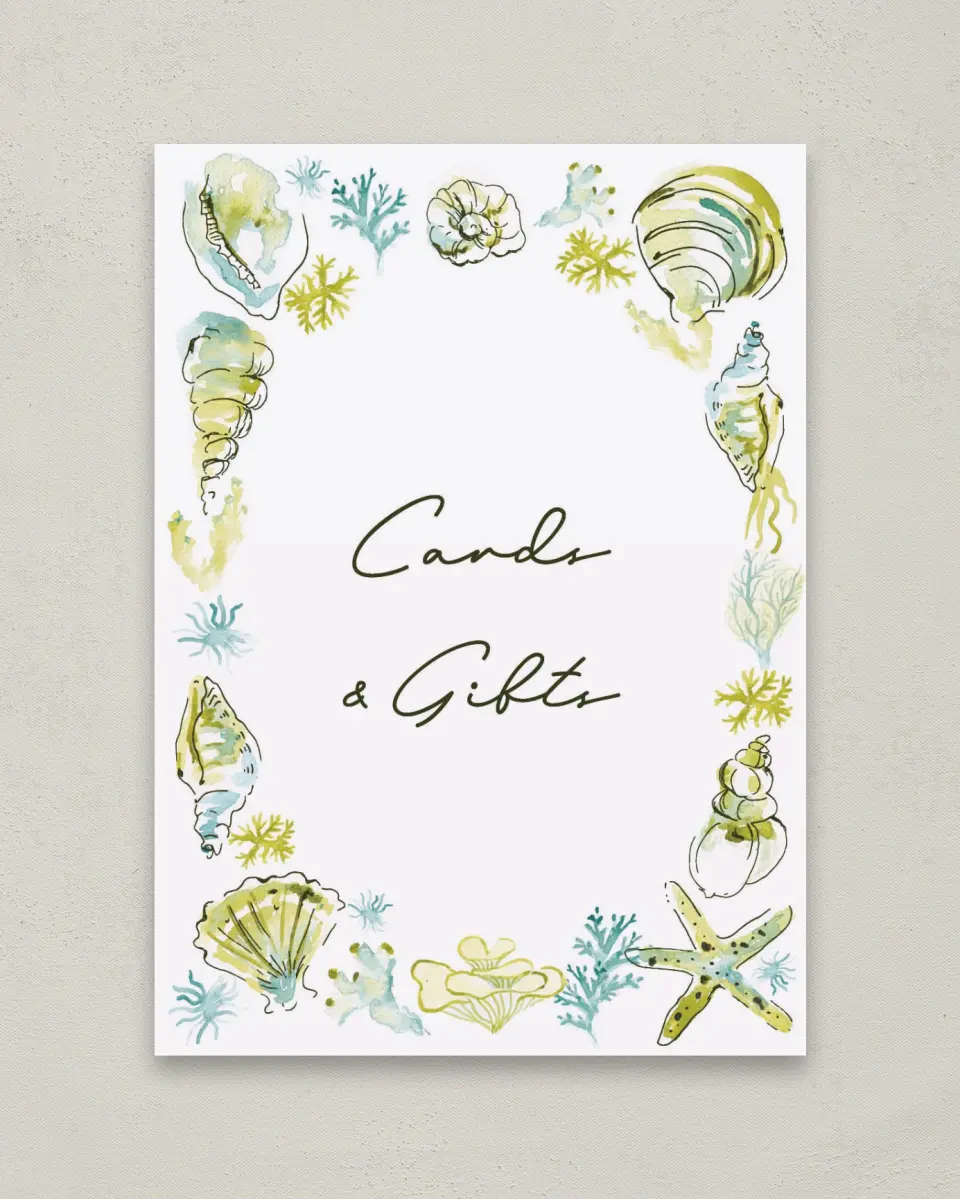This is a 5" x 7" Cards & Gifts Sign called Whimsical Shells printed in full color