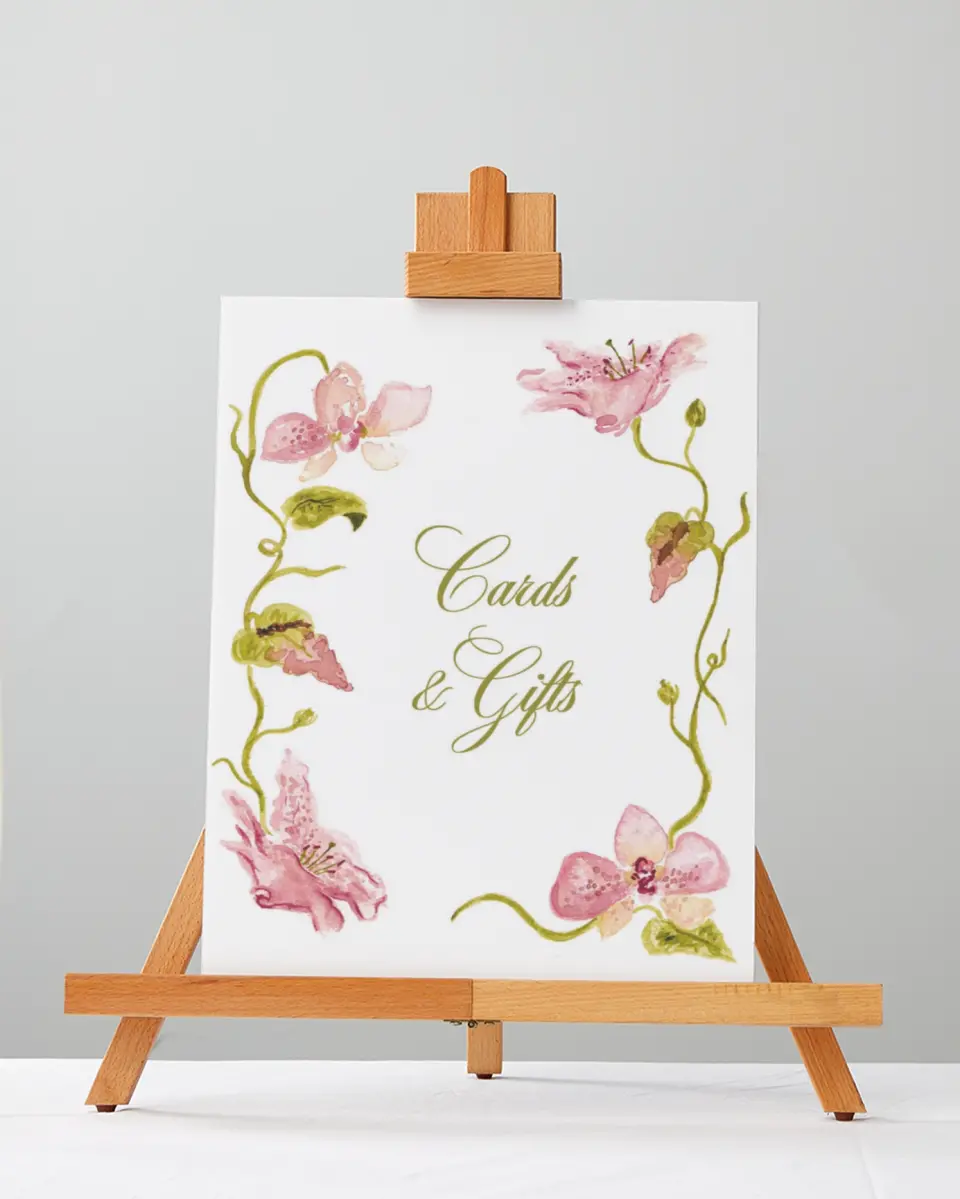 This is a 5" x 7" Cards & Gifts Sign called Paradise in Bloom printed in full color with Silver foil