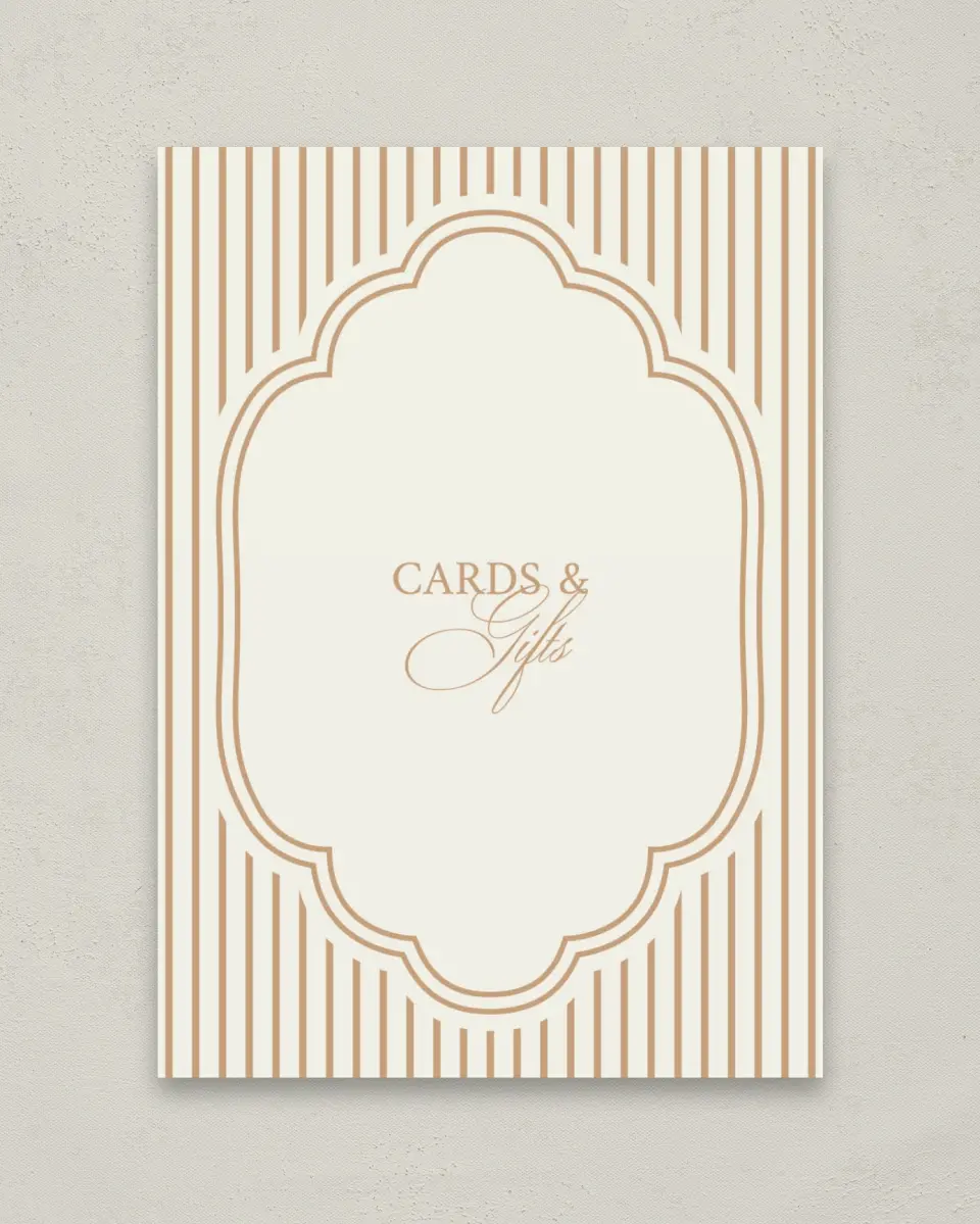 This is a 5" x 7" Cards & Gifts Sign called Beaded Veil printed in full color with Gold foil