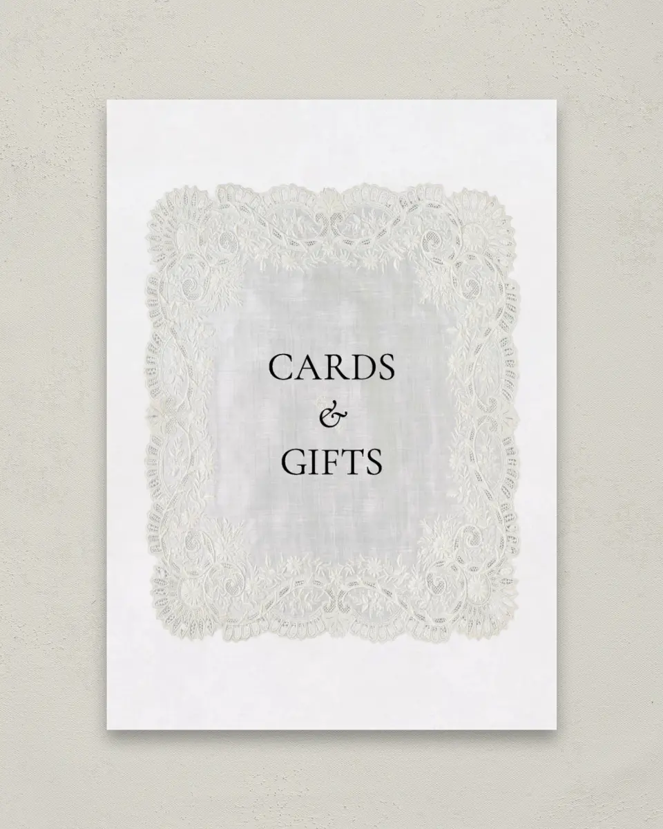 This is a 5" x 7" Cards & Gifts Sign called Trimmed Lace printed in full color with Gold foil