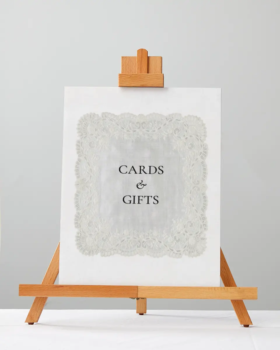 This is a 5" x 7" Cards & Gifts Sign called Trimmed Lace printed in full color with Silver foil