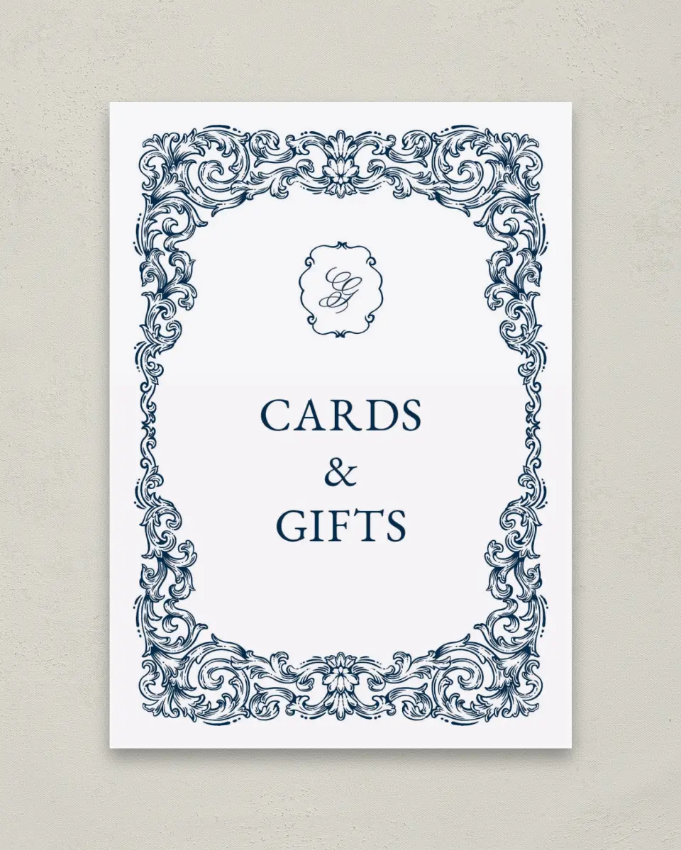 This is a 5" x 7" Cards & Gifts Sign called Heirloom Crest printed in full color with Gold foil