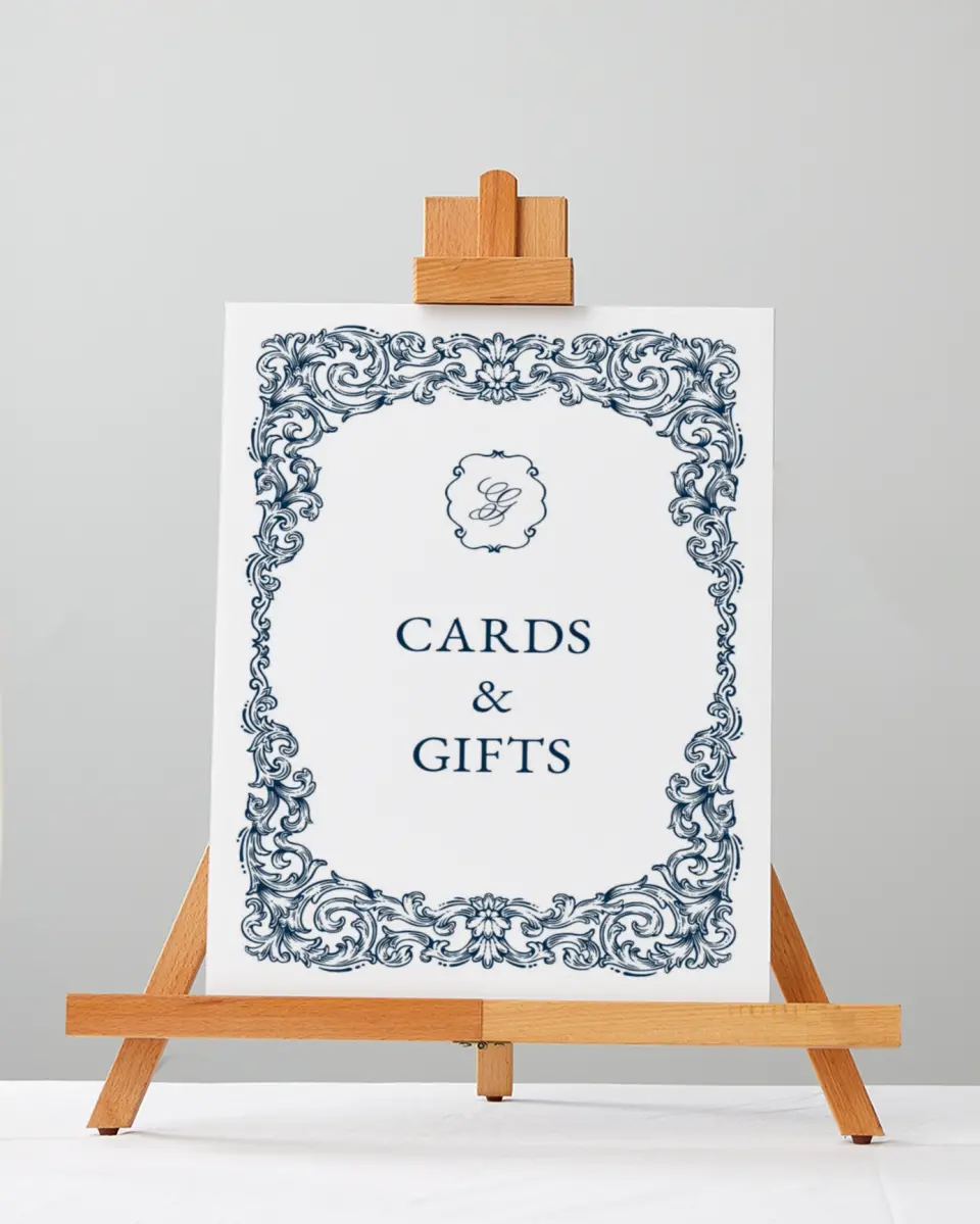 This is a 5" x 7" Cards & Gifts Sign called Heirloom Crest printed in full color with Silver foil