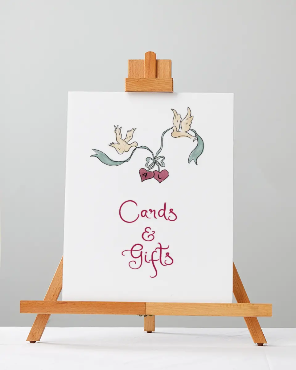 This is a 5" x 7" Cards & Gifts Sign called Love Dove printed in full color with Silver foil