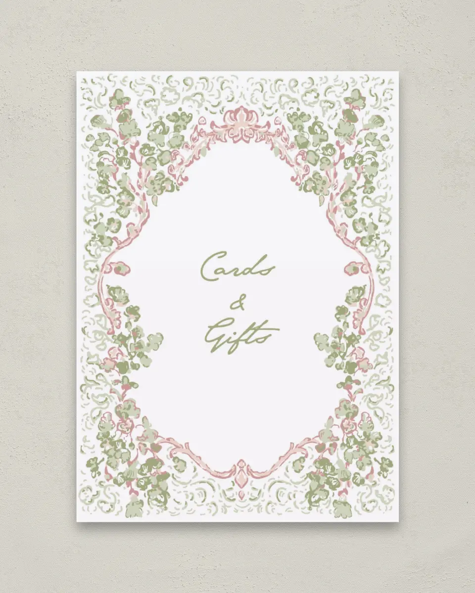 This is a 5" x 7" Cards & Gifts Sign called Verdant Romance printed in full color with Gold foil