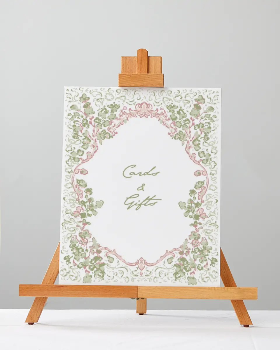 This is a 5" x 7" Cards & Gifts Sign called Verdant Romance printed in full color with Silver foil