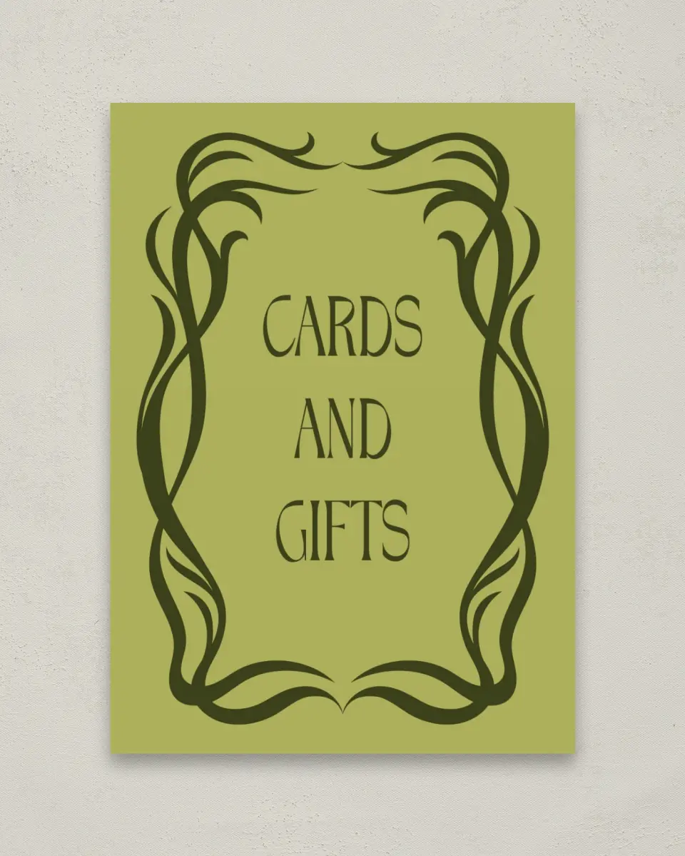 This is a 5" x 7" Cards & Gifts Sign called Nouveau Romance printed in full color with Gold foil