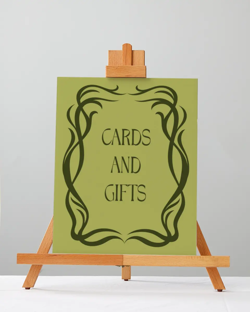 This is a 5" x 7" Cards & Gifts Sign called Nouveau Romance printed in full color with Silver foil