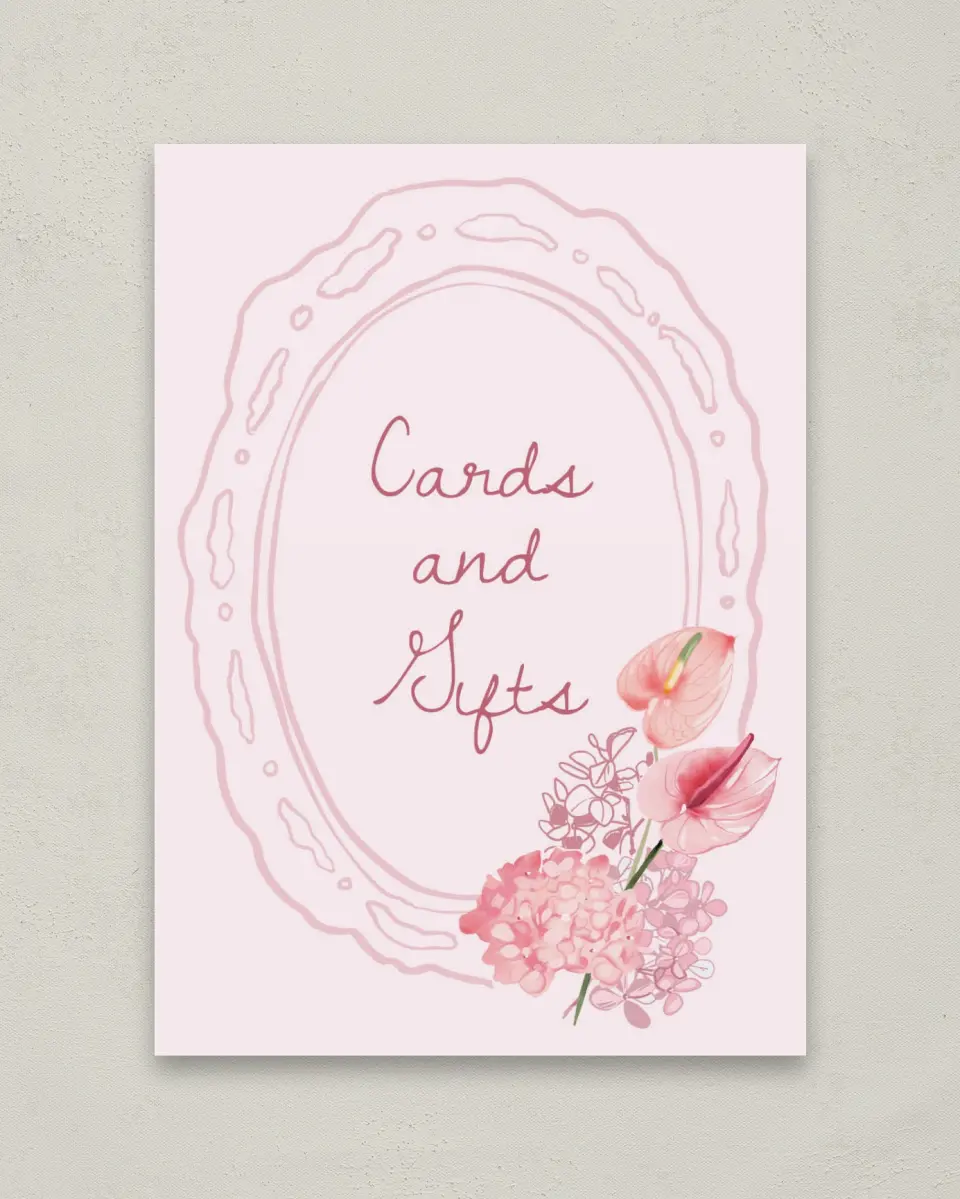 This is a 5" x 7" Cards & Gifts Sign called Blushing Whimsy printed in full color with Gold foil