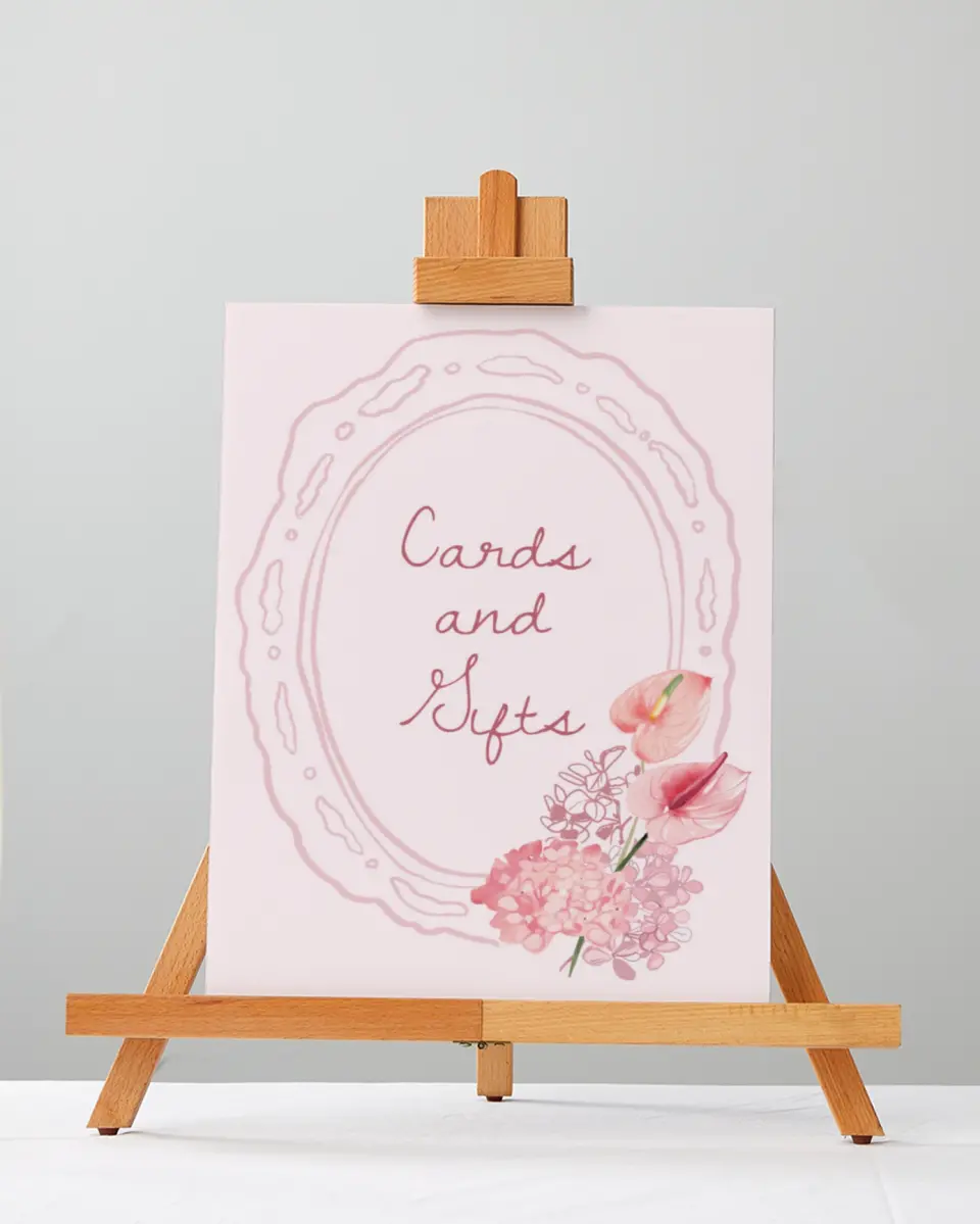 This is a 5" x 7" Cards & Gifts Sign called Blushing Whimsy printed in full color with Silver foil