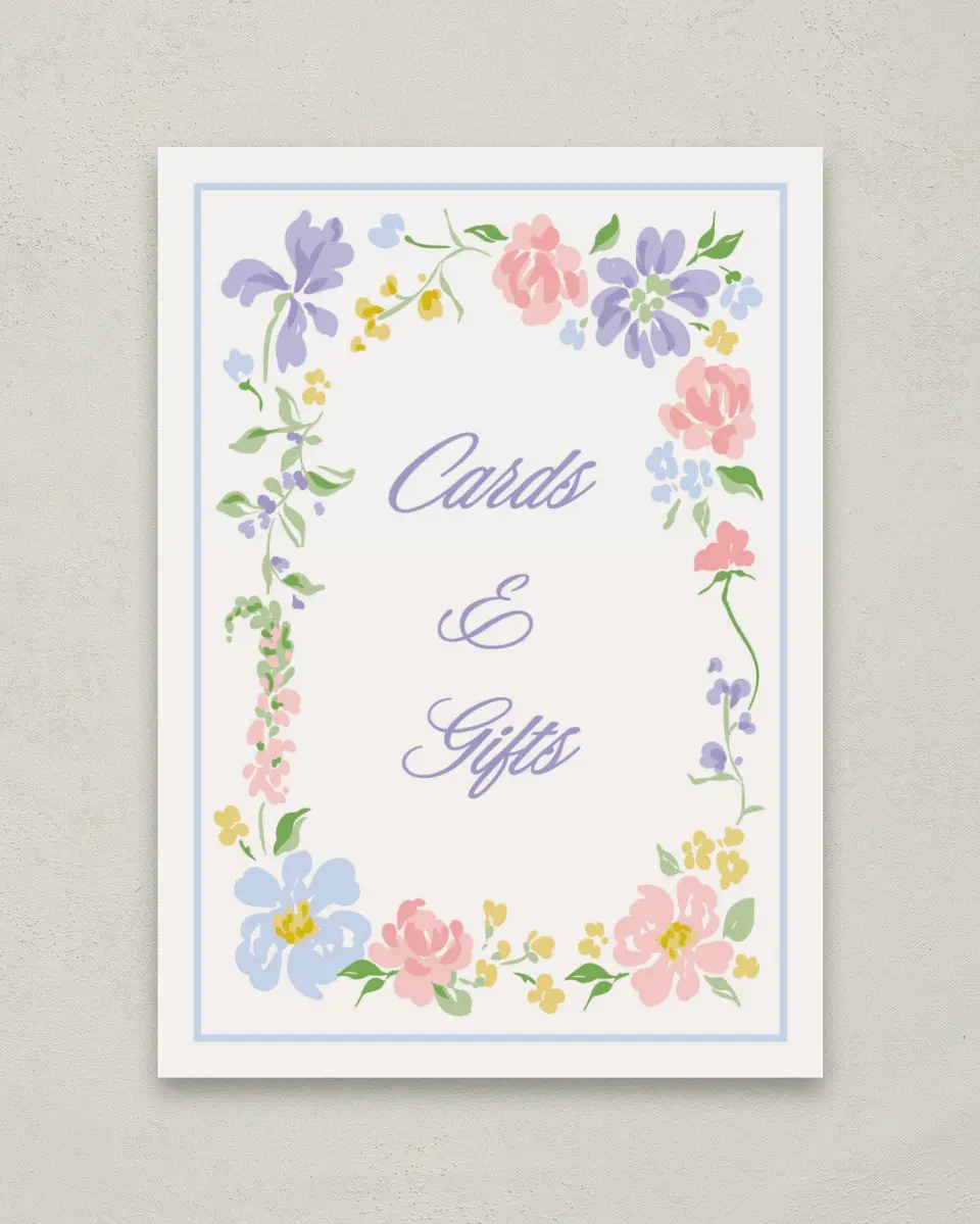 This is a 5" x 7" Cards & Gifts Sign called Gentle Garden printed in full color with Gold foil
