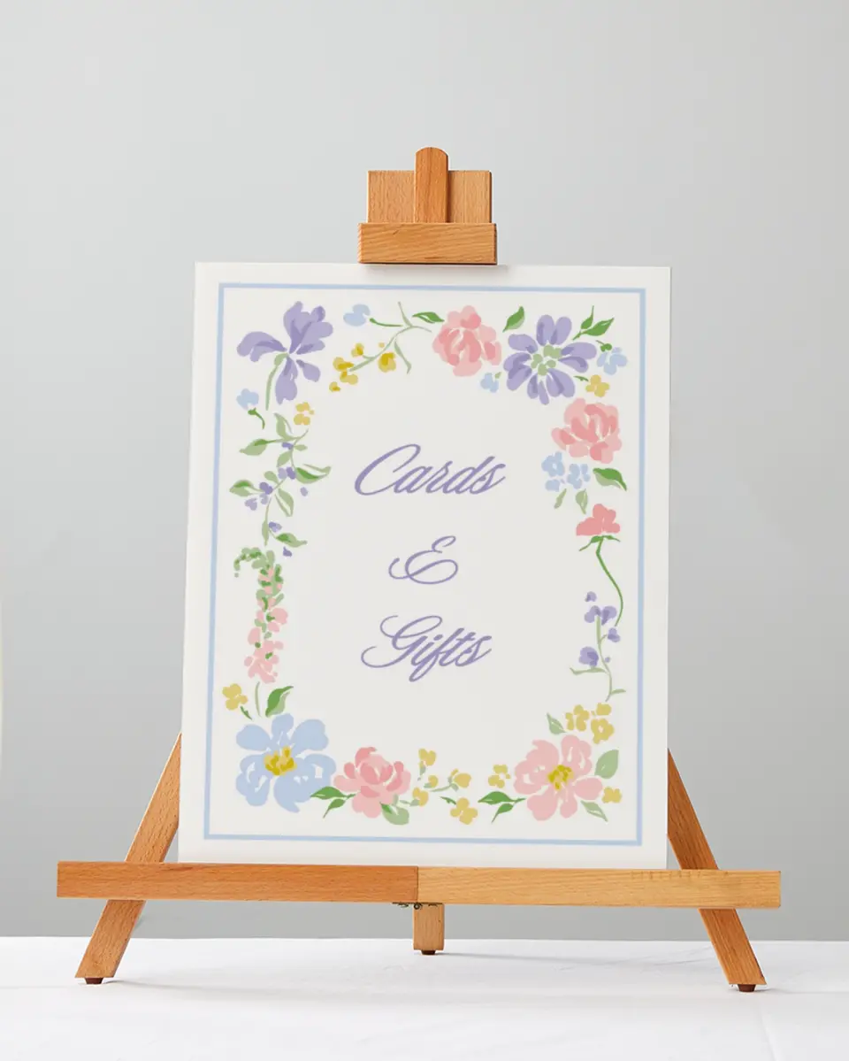 This is a 5" x 7" Cards & Gifts Sign called Gentle Garden printed in full color with Gold foil