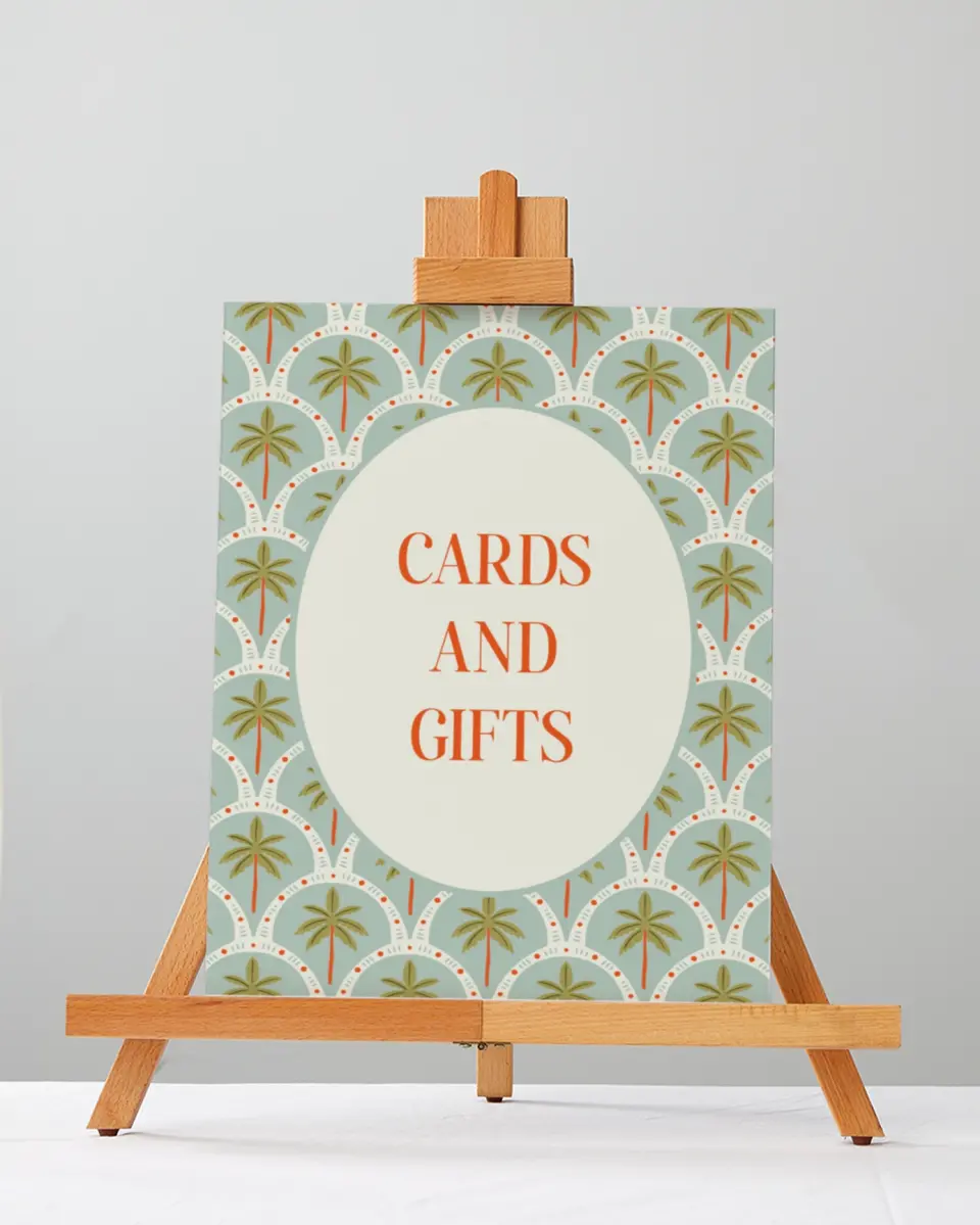 This is a 5" x 7" Cards & Gifts Sign called Tropical Treasure printed in full color with Silver foil