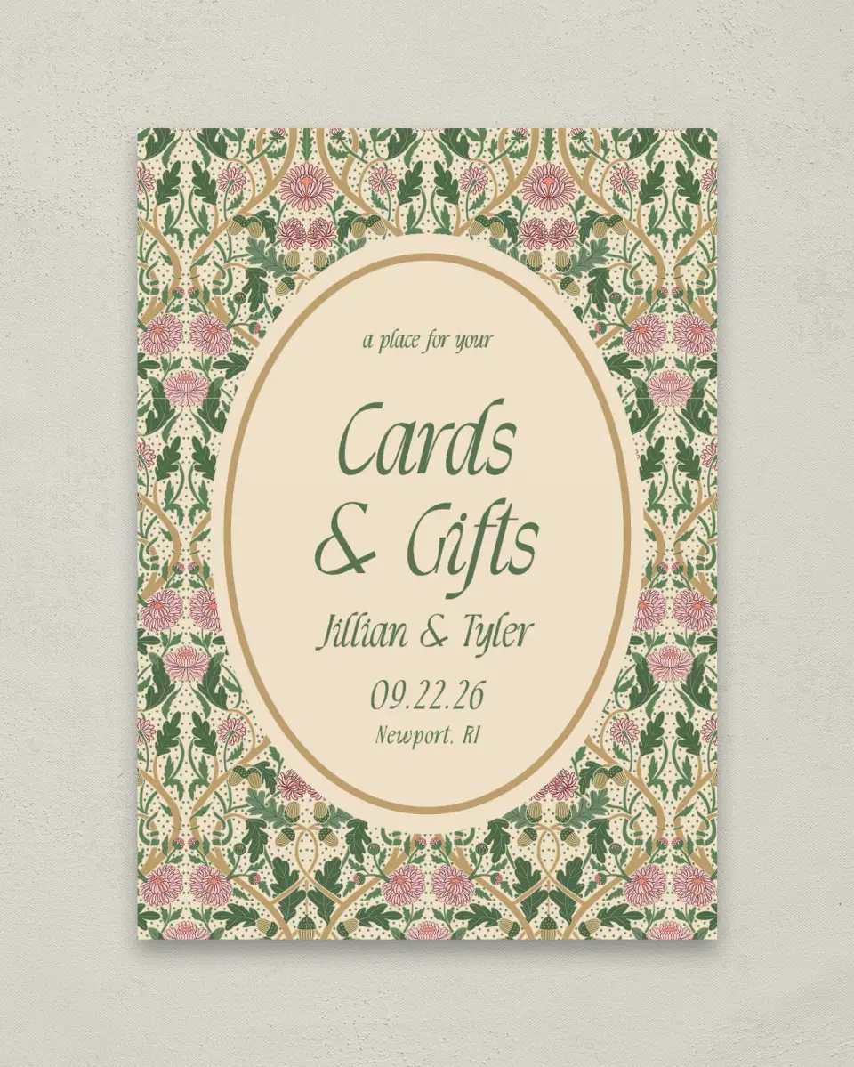 This is a 5" x 7" Cards & Gifts Sign called Regal Garden printed in full color with Gold foil