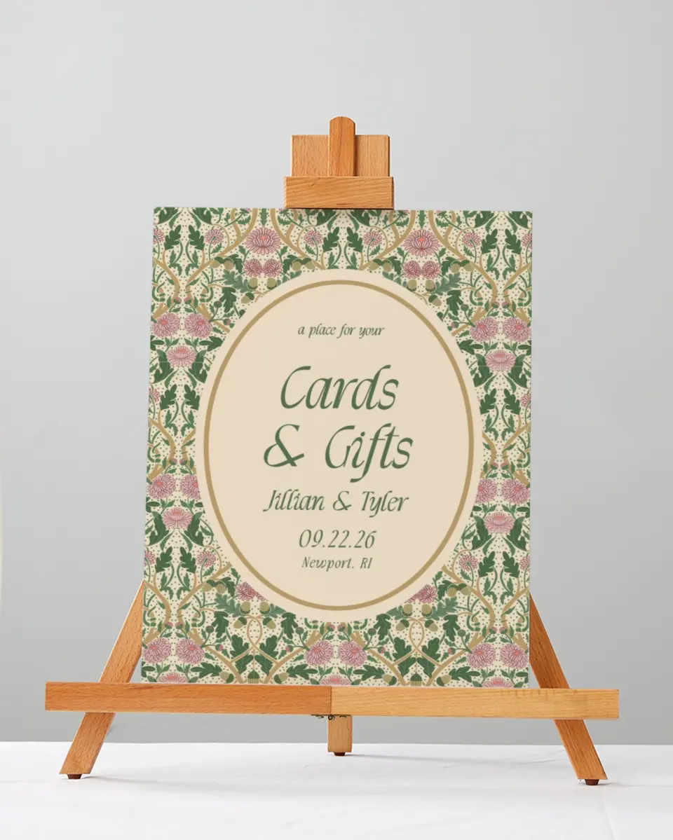 This is a 5" x 7" Cards & Gifts Sign called Regal Garden printed in full color with Silver foil
