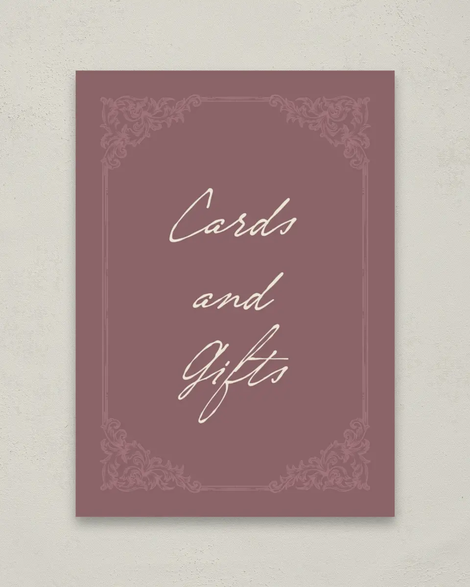 This is a 5" x 7" Cards & Gifts Sign called Victorian Aura printed in full color with Gold foil