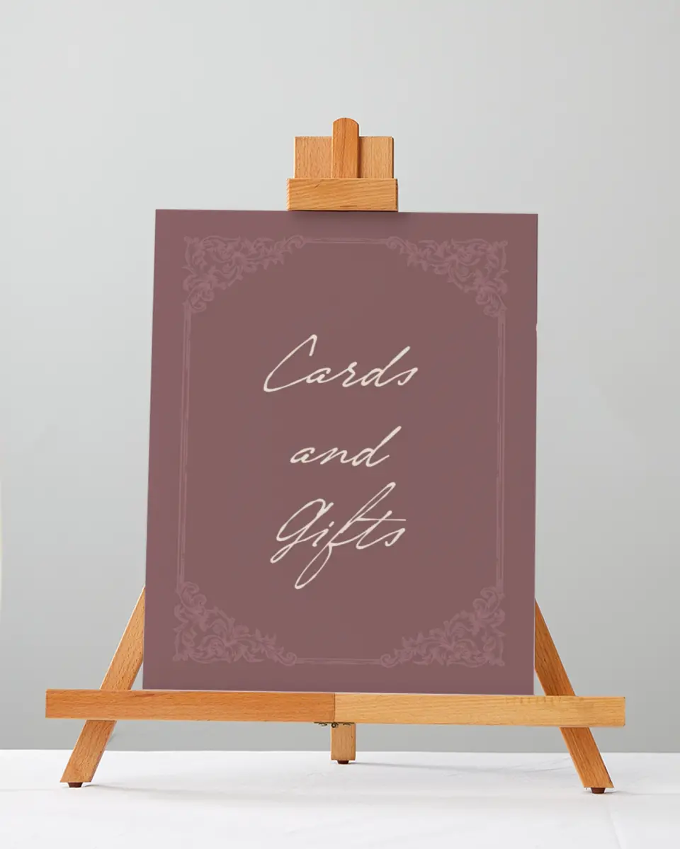This is a 5" x 7" Cards & Gifts Sign called Victorian Aura printed in full color with Silver foil