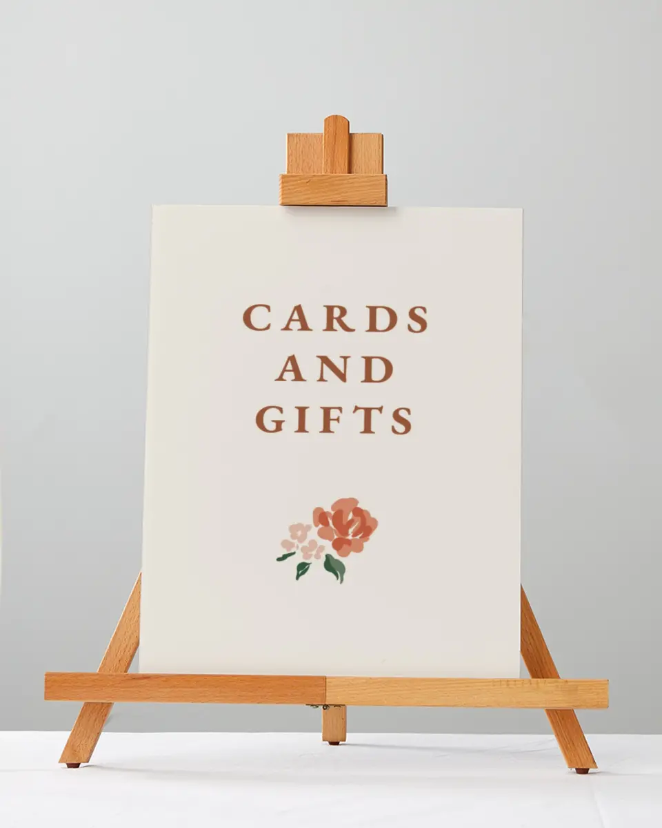 This is a 5" x 7" Cards & Gifts Sign called Plush Petals printed in full color with Silver foil