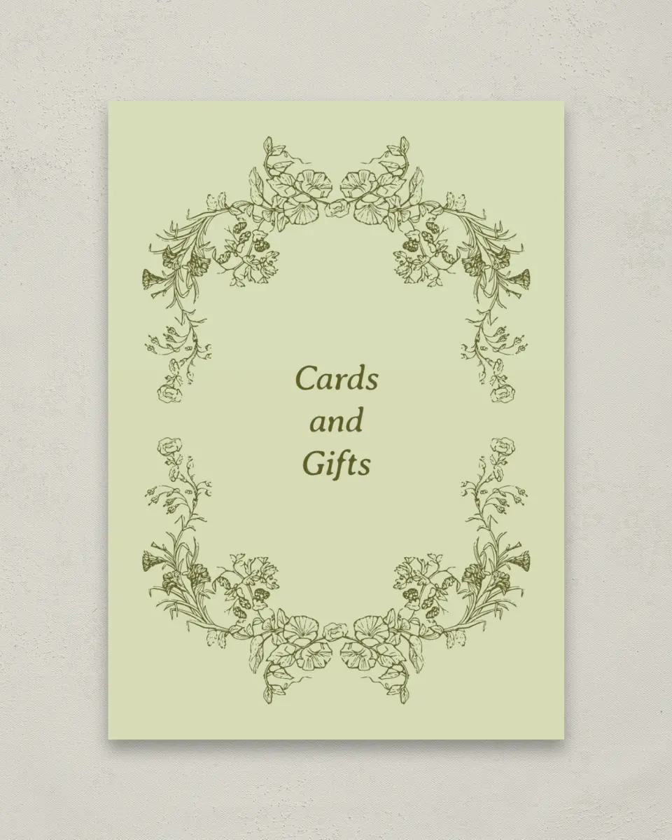 This is a 5" x 7" Cards & Gifts Sign called Vintage Chinoiserie printed in full color with Gold foil