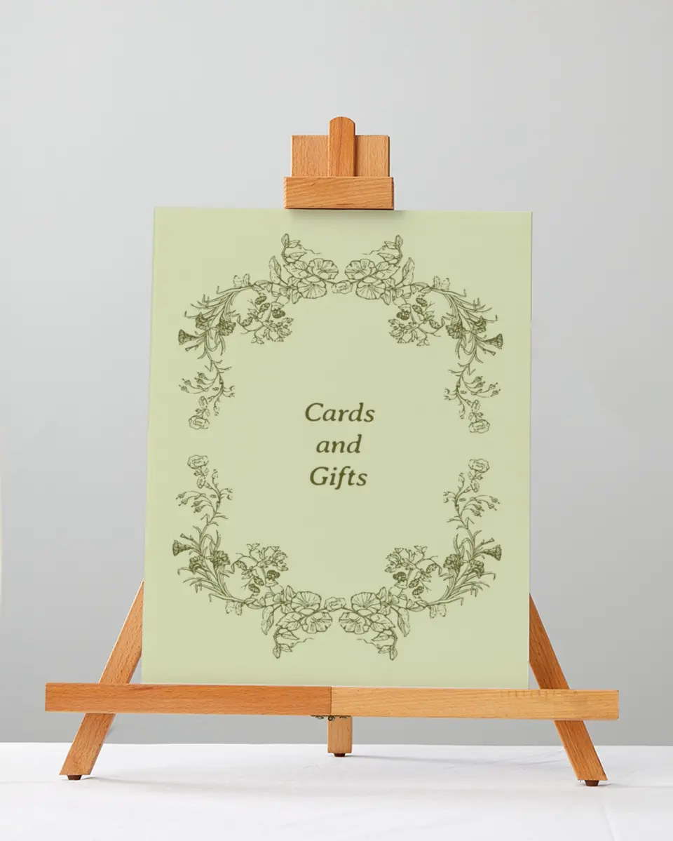 This is a 5" x 7" Cards & Gifts Sign called Vintage Chinoiserie printed in full color with Silver foil