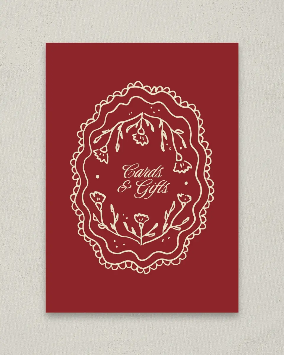 This is a 5" x 7" Cards & Gifts Sign called Bloom & Crest printed in full color with Gold foil