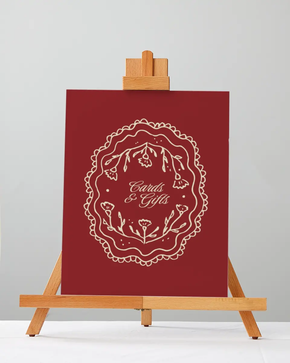 This is a 5" x 7" Cards & Gifts Sign called Bloom & Crest printed in full color with Silver foil