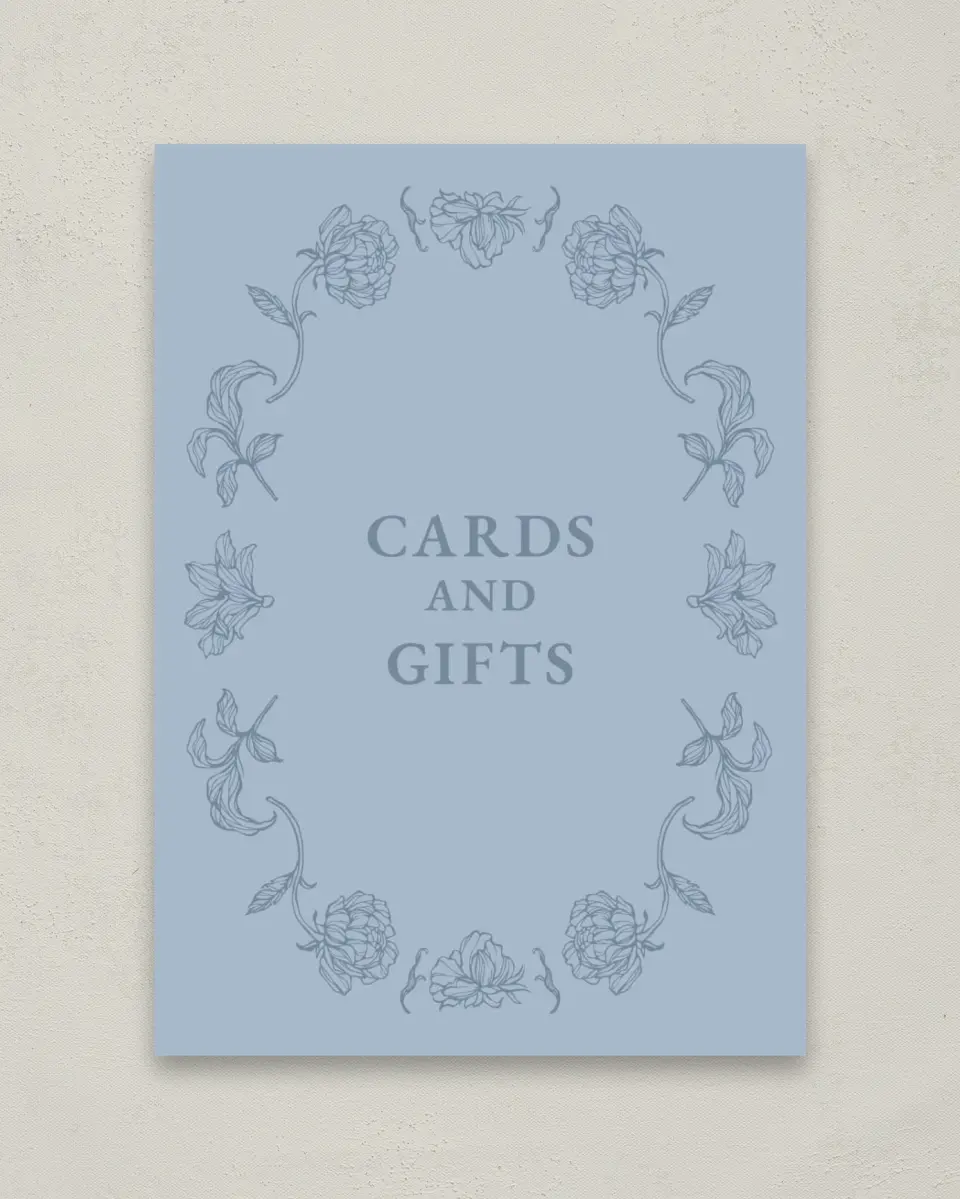 This is a 5" x 7" Cards & Gifts Sign called Pressed Petals printed in full color with Gold foil