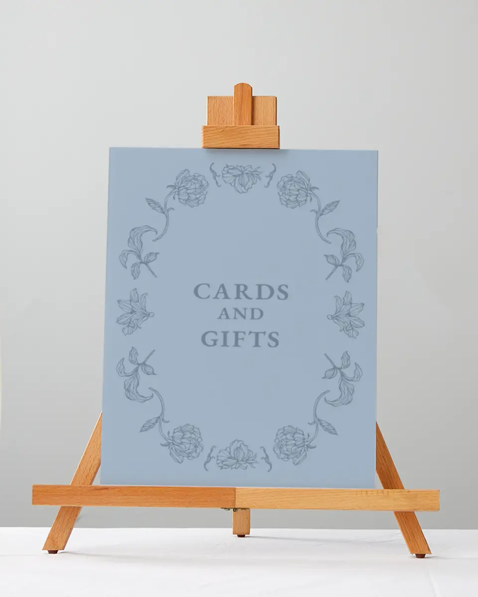 This is a 5" x 7" Cards & Gifts Sign called Pressed Petals printed in full color with Gold foil