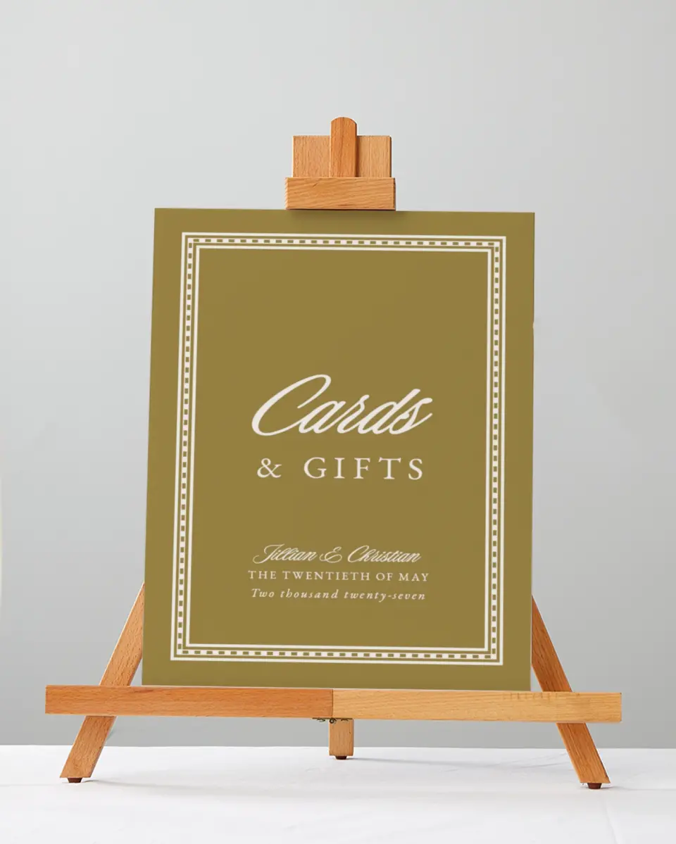 This is a 5" x 7" Cards & Gifts Sign called The Jillian printed in full color with Gold foil