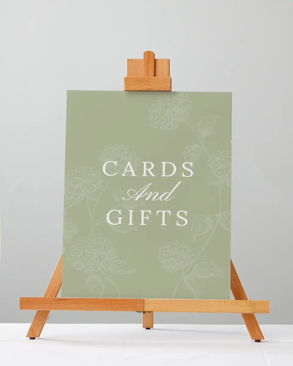 This is a 5" x 7" Cards & Gifts Sign called Harmonious Hydrangea printed in full color