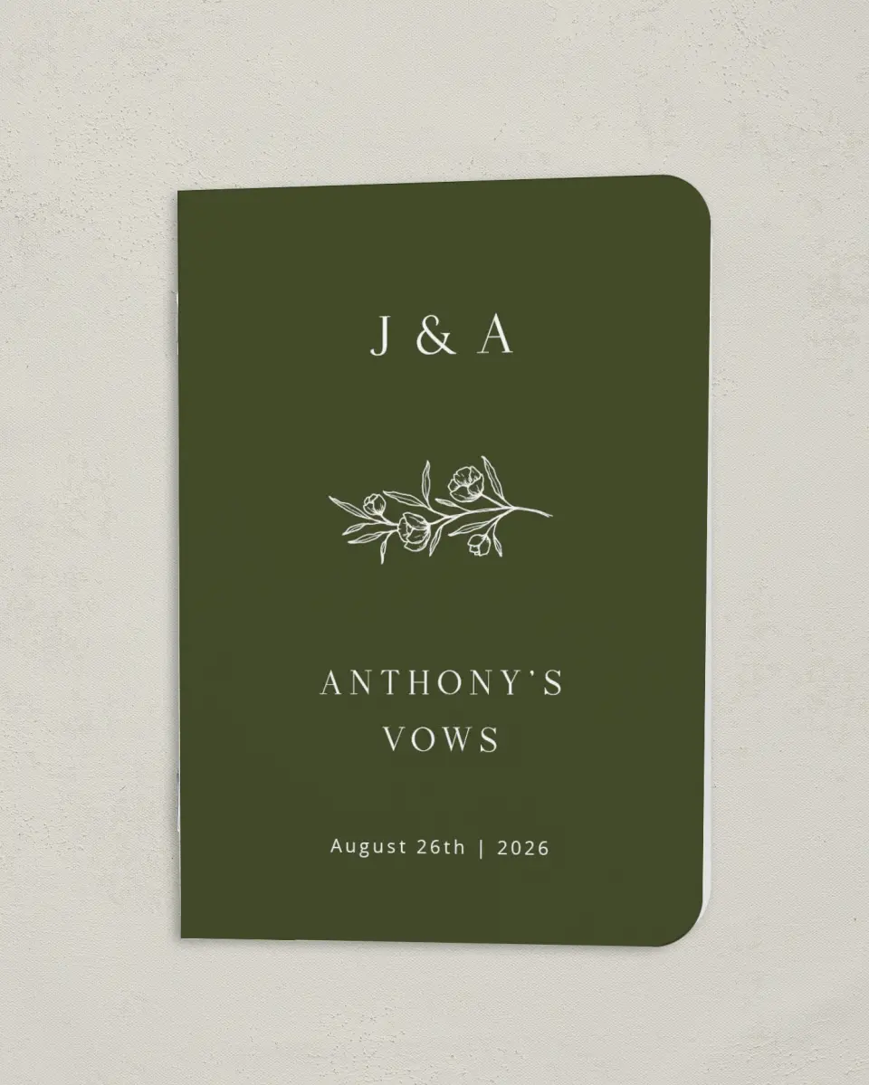 This is a 4" x 5½" Folded Groom Vow Book called The Jasmine (Groom) printed in full color