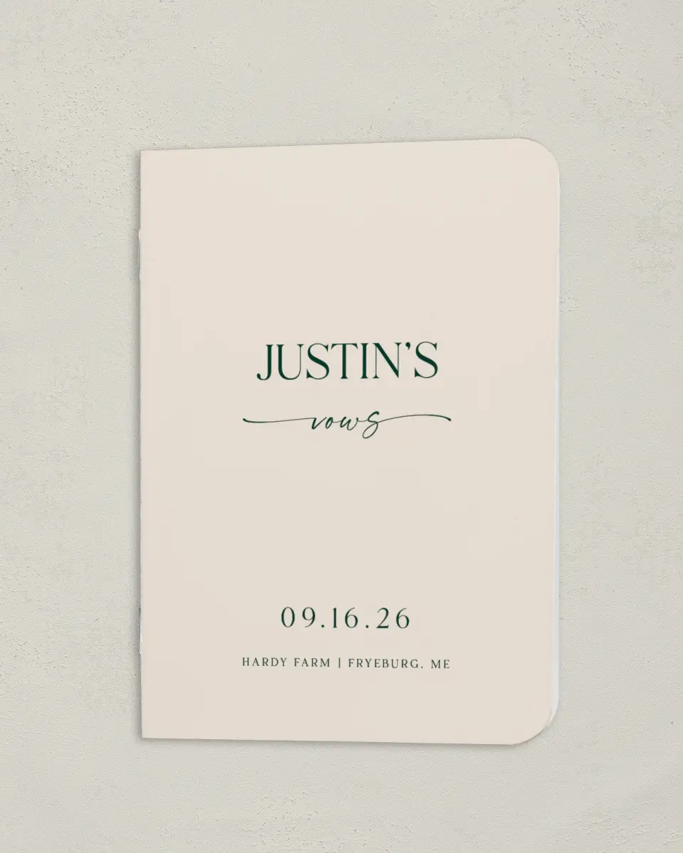This is a 4" x 5½" Folded Groom Vow Book called The Olivia (Groom) printed in full color
