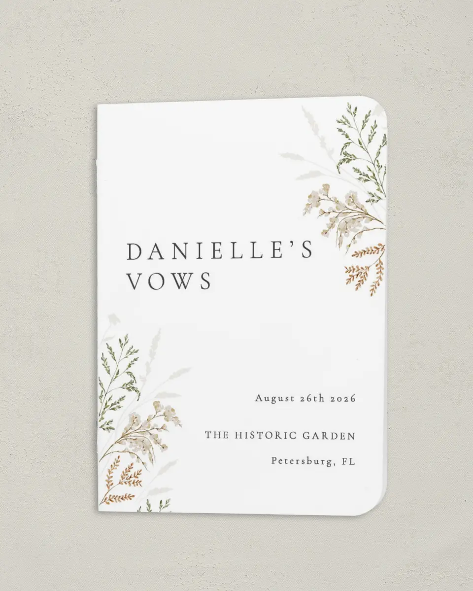 This is a 4" x 5½" Folded Bride Vow Book called Wild Devotion (Bride) printed in full color
