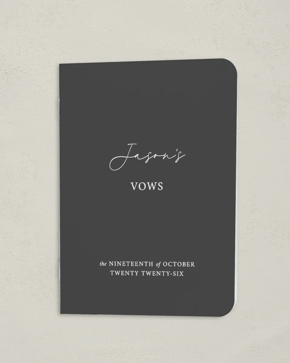 This is a 4" x 5½" Folded Groom Vow Book called The Madelyn (Groom) printed in full color