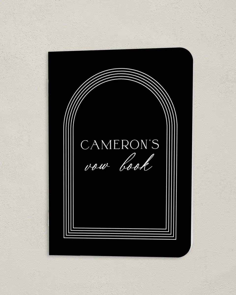 This is a 4" x 5½" Folded Bride Vow Book called Passionate Arch (Groom) printed in full color
