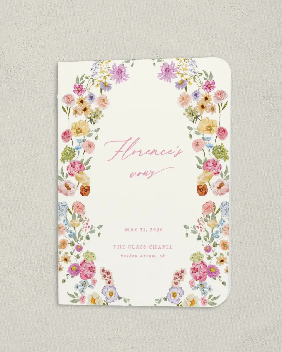 This is a 4" x 5½" Folded Bride Vow Book called The Florence (Bride) printed in full color