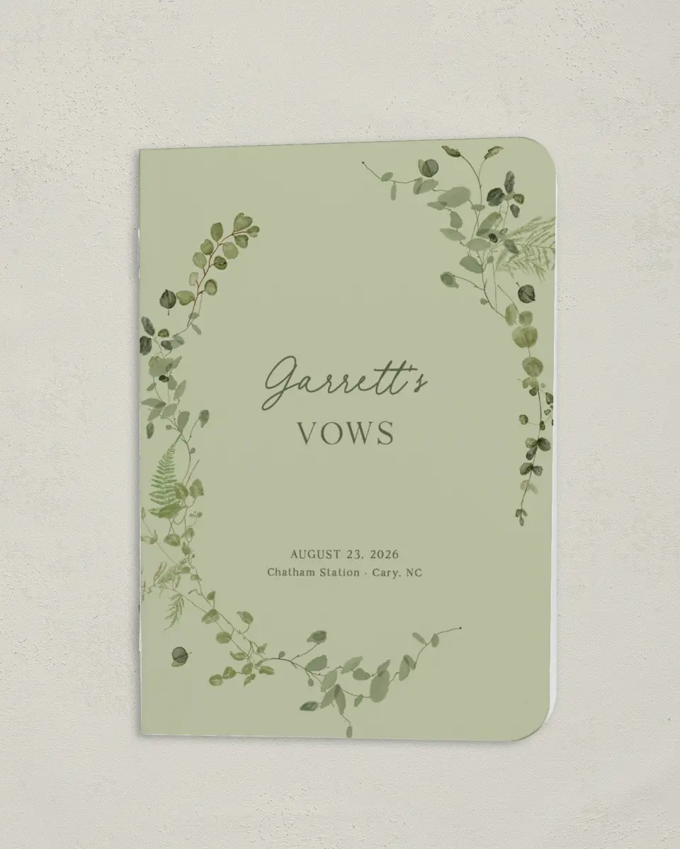 This is a 4" x 5½" Folded Groom Vow Book called The Hailey (Groom) printed in full color