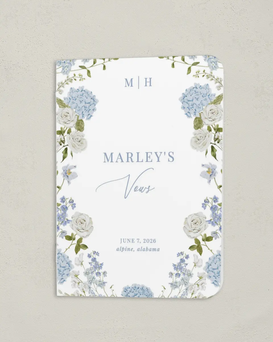 This is a 4" x 5½" Folded Bride Vow Book called Blue Blossoms (Bride) printed in full color