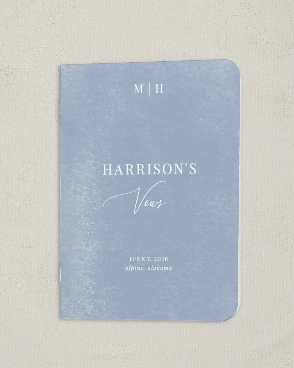 This is a 4" x 5½" Folded Groom Vow Book called Blue Blossoms (Groom) printed in full color