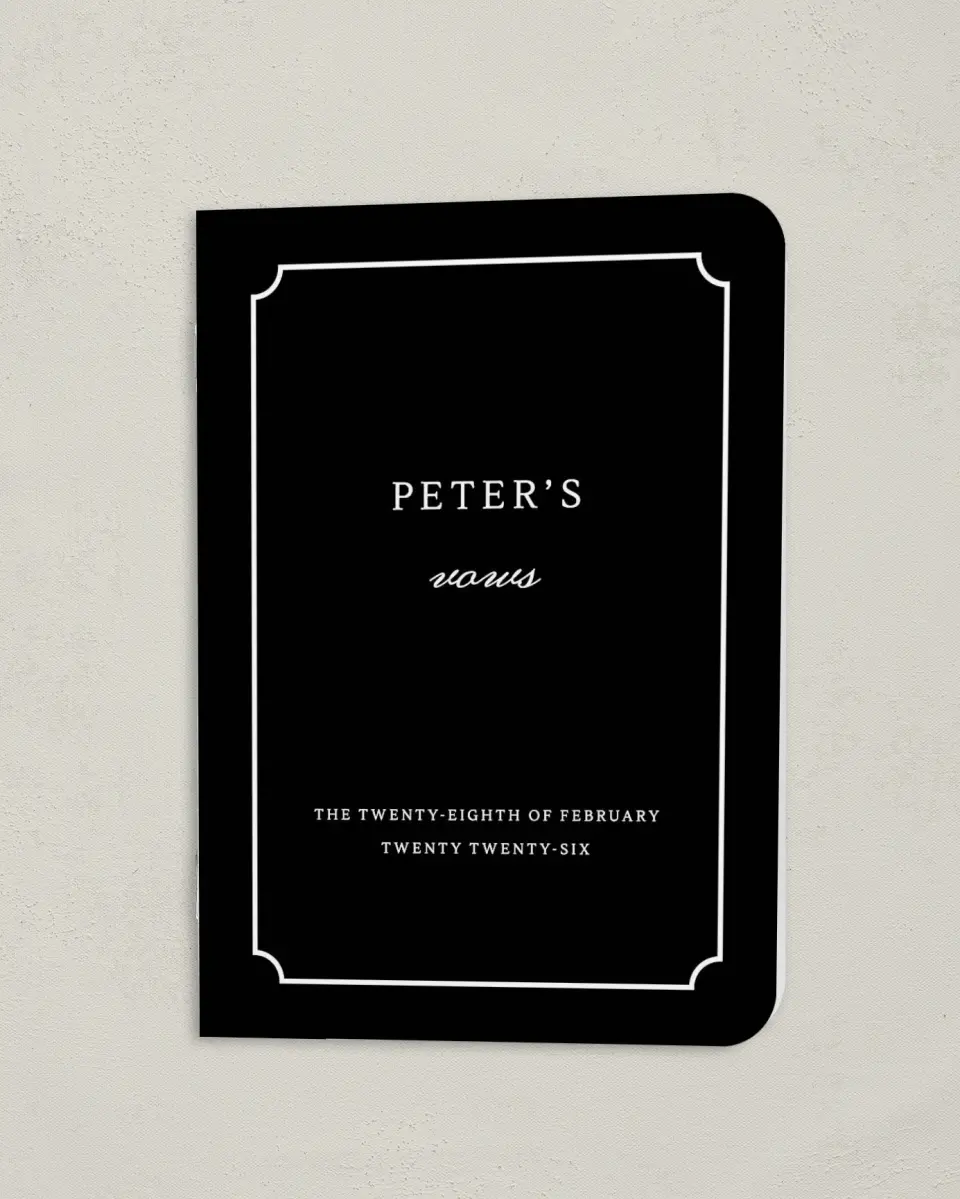 This is a 4" x 5½" Folded Groom Vow Book called Elegant Tradition (Groom) printed in full color