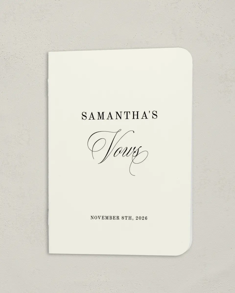 This is a 4" x 5½" Folded Bride Vow Book called Sophisticated Script (Bride) printed in full color