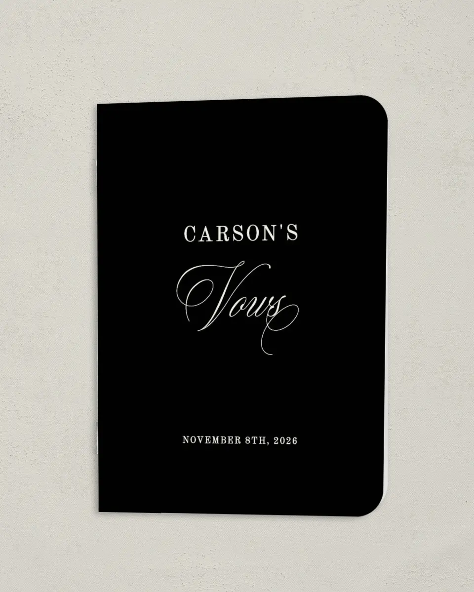 This is a 4" x 5½" Folded Groom Vow Book called Sophisticated Script (Groom) printed in full color