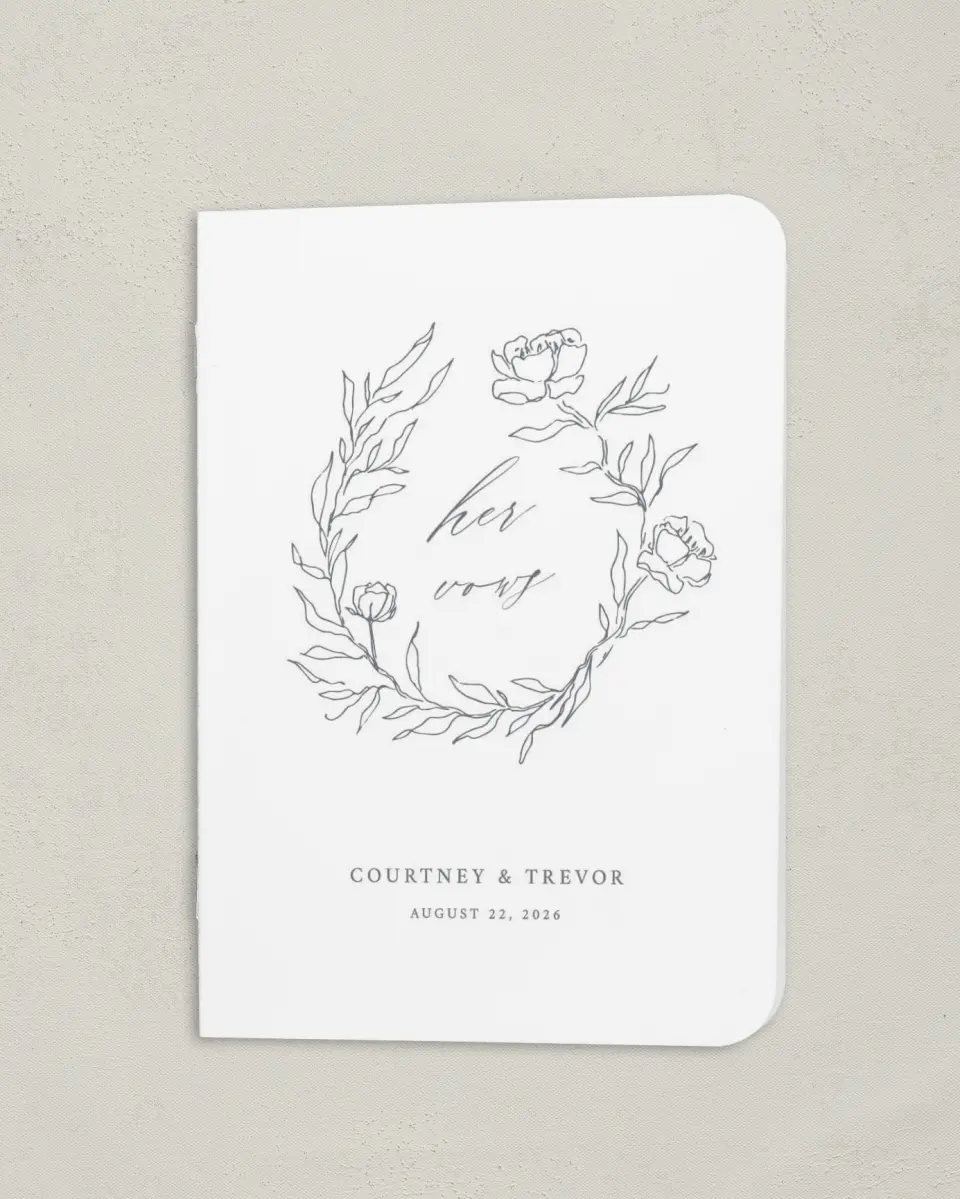 This is a 4" x 5½" Folded Bride Vow Book called Whispering Wreath (Bride) printed in full color