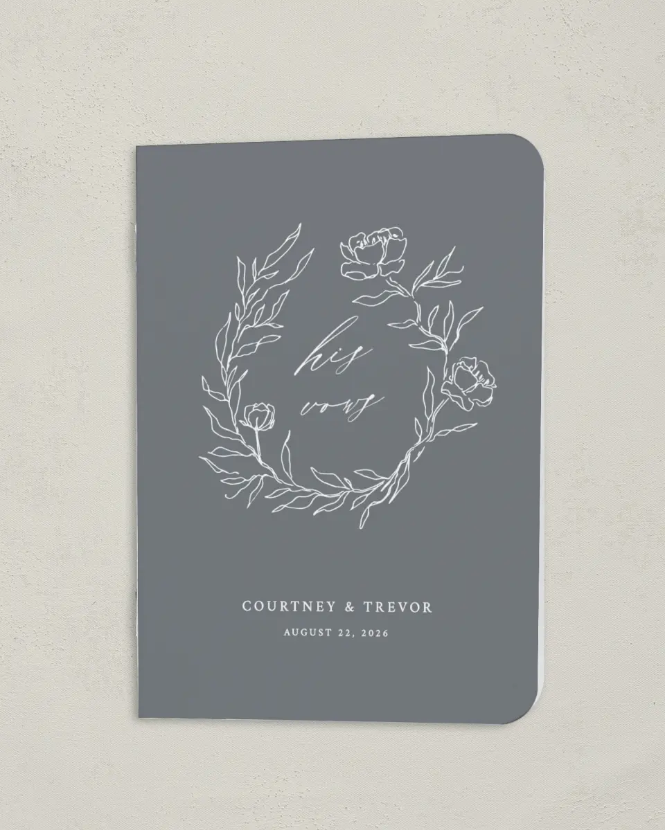 This is a 4" x 5½" Folded Groom Vow Book called Whispering Wreath (Groom) printed in full color